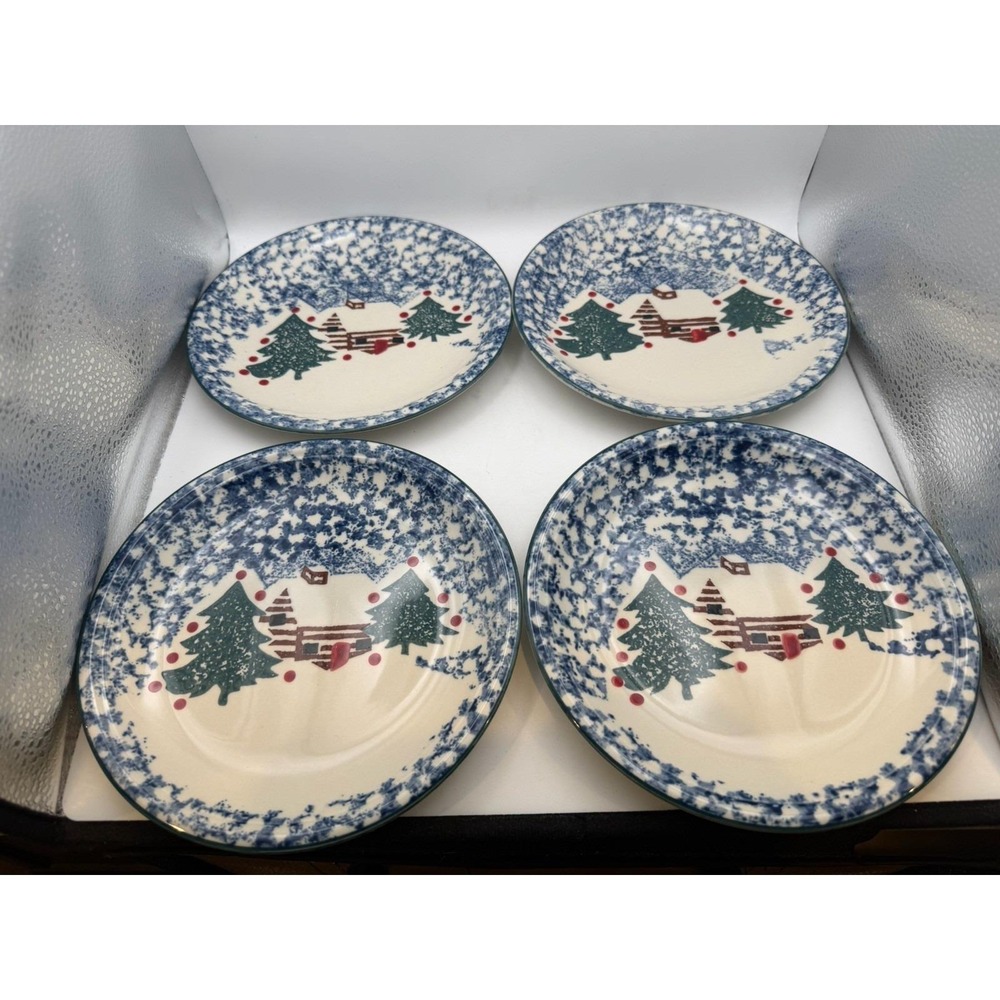 4 Folk Craft Tienshan Cabin in the Snow Salad Dessert Plates Spongeware 7.5"